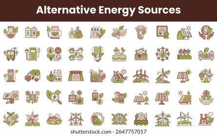Uma coleção vibrante de ícones de energia alternativa, apresentando turbinas eólicas, painéis solares, veículos elétricos e elementos inspirados na natureza para soluções de energia sustentável.