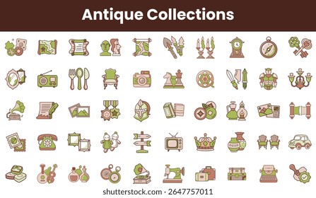 A vibrant collection of antique icons featuring various items like clocks, cameras, and furniture in soft green and brown tones, evoking nostalgia and history.