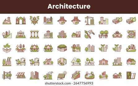 A vibrant collection of architectural icons featuring diverse structures, from classic buildings to modern designs, illustrating a blend of nature and urban elements.