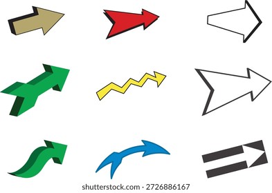 Uma coleção vibrante de ícones de seta em vários estilos e direções, perfeito para adicionar um pop de cor e orientação aos seus projetos de design.