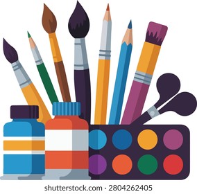 A vibrant collection of artistic tools, including paintbrushes, colored pencils, and a watercolor palette, ready for creative expression and hobbies.
