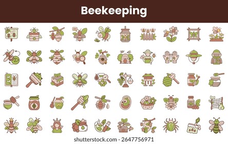 A vibrant collection of assorted beekeeping icons, featuring bees, honey jars, flowers, and beekeeper tools, set against a warm brown background.
