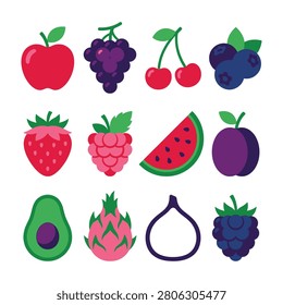 A vibrant collection of assorted fresh fruits and berries arranged in a neat grid. This colorful set features healthy snacks like watermelon, avocado, and fig.