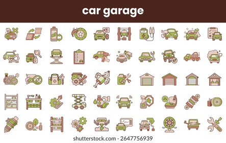A vibrant collection of automotive-themed icons, showcasing various car maintenance tools and services in a garage setting, with soft pastel colors.