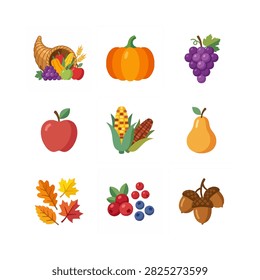 A vibrant collection of autumn harvest elements including a cornucopia, pumpkin, grapes, apple, corn, pear, autumn leaves, berries, and acorns.
