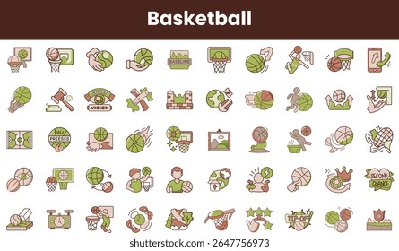 A vibrant collection of basketball-themed icons featuring players, equipment, and game elements, showcasing a fun and energetic design aesthetic.