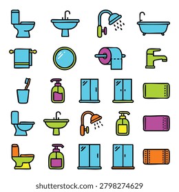 A vibrant collection of bathroom icons featuring toilets sinks showers bathtubs towels soap dispensers toothbrush holders and more in various colors on a clean white background