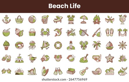 A vibrant collection of beach-themed icons showcasing elements like palm trees, beach balls, and sea creatures, evoking a fun and relaxed summer vibe.