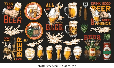 A vibrant collection of beer illustrations showcasing various glasses frothy beers and fun designs. This artwork celebrates friendship good times and the joy of craft beer culture.