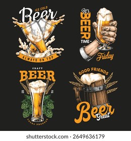 A vibrant collection of beer-themed graphics features various designs showcasing beer mugs cheers and messages about enjoying beer during social gatherings. Perfect for craft beer lovers.