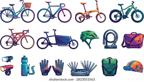 A vibrant collection of bicycles and essential cycling gear is displayed