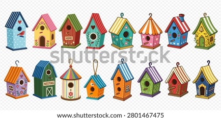 A vibrant collection of birdhouses, each uniquely designed with various colors, patterns, and architectural styles, creating a charming and whimsical display.