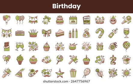 A vibrant collection of birthday-themed icons featuring cakes, balloons, confetti, and party elements, perfect for celebrating festive occasions.