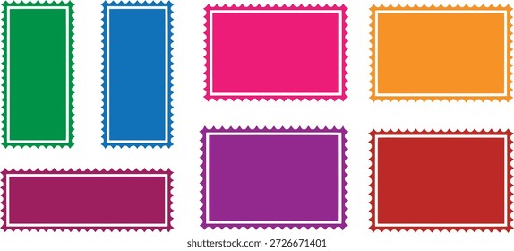 Colección vibrante de marcos de sellos postales en blanco en varios tamaños y colores brillantes, perfecto para proyectos de diseño creativo.