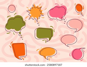 A vibrant collection of blank speech bubbles in various shapes and colors, perfect for comics, chat designs, or messaging concepts. Ideal for creative text elements, quotes, and conversations.