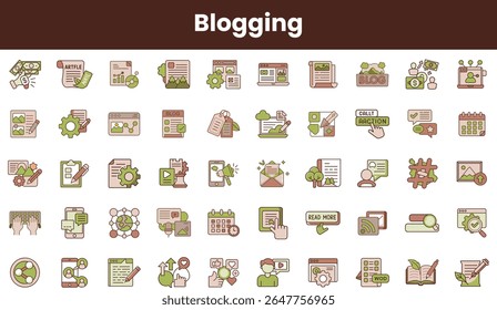 Uma coleção vibrante de ícones de blogs com elementos como artigos, gráficos e símbolos de engajamento do usuário, perfeito para temas de criação de conteúdo digital.