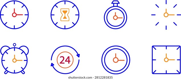 A vibrant collection of blue and orange timekeeping icons featuring clocks, stopwatch, hourglass, and 24-hour symbol.