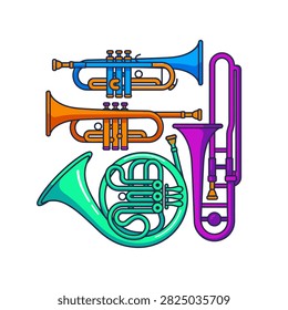 A vibrant collection of brass musical instruments including a trumpet, French horn, and trombone.