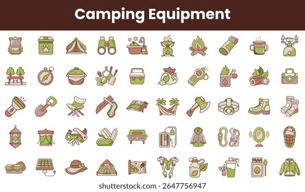 A vibrant collection of camping equipment icons, featuring tents, cooking gear, and outdoor essentials, perfect for adventure enthusiasts and nature lovers.