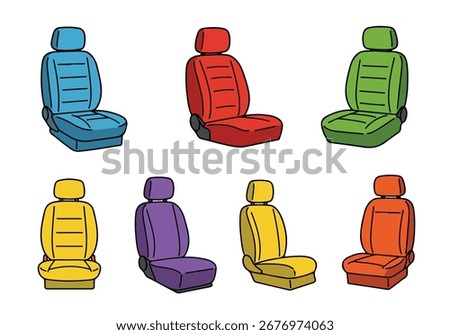 Vibrant Collection of Car Seats: Illustrated Designs in Blue, Red, Green, Yellow, Purple, and Orange, Perfect for Automotive, Interior, and Design Projects
