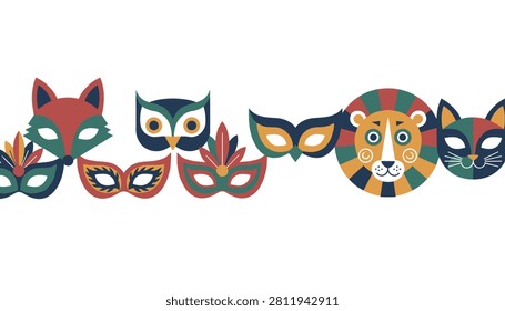 Vibrant collection of carnival masks featuring colorful stylized animal faces and decorative feathered eye pieces.