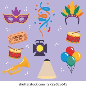 Eine lebendige Sammlung von Faschings-Party-Elemente einschließlich Masken, Federn, Trommeln, Trompeten, Ballons und Konfetti.
