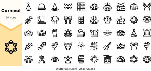 A vibrant collection of carnival-themed line icons featuring masks, musical instruments, party hats, and festive decorations, perfect for event planning or design.