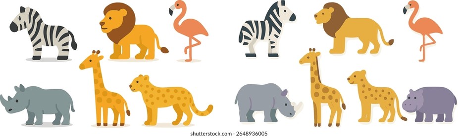 Uma coleção vibrante de animais de desenho animado mostra zebras, leões, flamingos, girafas, leopardos, rinocerontes e hipopótamos. Cada criatura exibe cores e expressões únicas, criando um visual envolvente.