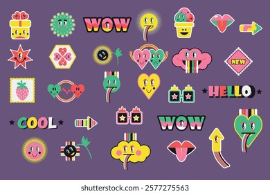 A vibrant collection of cartoon stickers showcasing various cheerful designs including hearts, flowers, and smiles, set against a lively purple backdrop. Perfect for decoration.