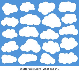 Uma coleção vibrante de nuvens fofas estilo desenho animado ilustrado em estilo vetor plano isolado no fundo azul. Perfeito para uso em livros infantis, materiais educacionais, web design, ícone do tempo.