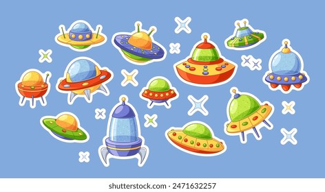 Vibrant Collection Of Cartoon Vector Flying Saucer Stickers On Blue Background. Whimsical Ufo Patches, Playful Fun Decor