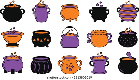 A vibrant collection of cartoon witch cauldrons in orange, purple, and black, perfect for Halloween graphics, party decorations, and magical themed projects.