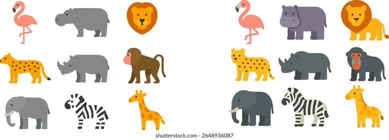 A vibrant collection of cartoon-style animals features flamingos, hippos, lions, giraffes, and more, designed for children's learning, decoration, or playful art projects.