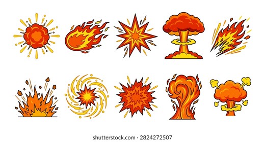 A vibrant collection of cartoon-style explosion and fire effects, perfect for comic books, games, and animations