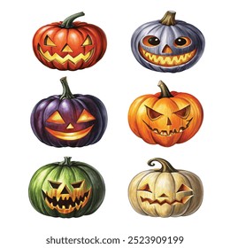 Coleção vibrante de Jack-o-lanternas de Halloween esculpidos com expressões brilhantes