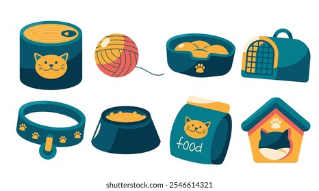 A vibrant collection of cat accessories and essentials, including food, toys, bowls, and more. Perfect for pet-related designs and advertising.