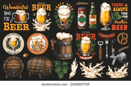 A vibrant collection celebrating craft beer culture features mugs bottles and hops with quotes. Perfect for enthusiasts appreciating refreshing brews at gatherings or festivals.