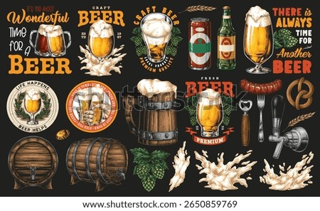A vibrant collection celebrating craft beer culture features mugs bottles and hops with quotes. Perfect for enthusiasts appreciating refreshing brews at gatherings or festivals.