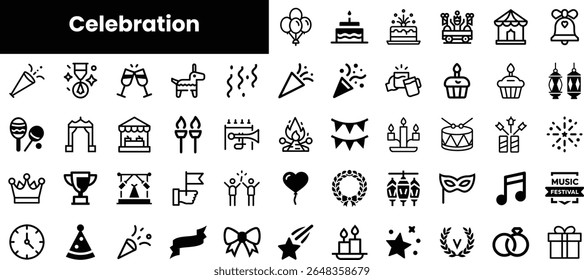 A vibrant collection of celebration-themed icons showcasing party elements like cakes, balloons, and confetti, perfect for event planning and festive designs.