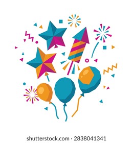 A vibrant collection of celebratory elements including geometric stars, colorful balloons, and a rocket firework, all set against a white background.