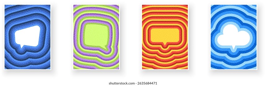 Uma coleção vibrante de ícones de bolhas de bate-papo em tons de azul, verde, vermelho e branco. Ilustração vetorial.