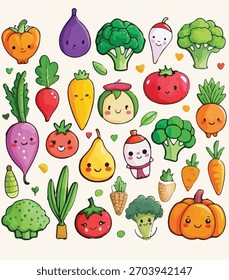 A vibrant collection of cheerful vegetable characters with smiling faces. Perfect for children’s books, food branding, packaging, educational graphics, or sticker designs.
