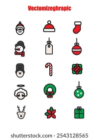 A vibrant collection of Christmas icons, including a tree, gifts, Santa, snowflakes, reindeer, lights, and more, capturing the festive spirit of the season