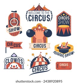Vibrant Collection Of Circus Labels Featuring Bold Typography, Whimsical Illustrations, And Bright Colors