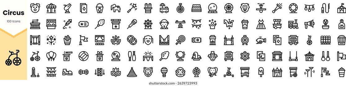A vibrant collection of circus-themed icons showcasing various elements like clowns, animals, and tents, perfect for event planning and creative design projects.