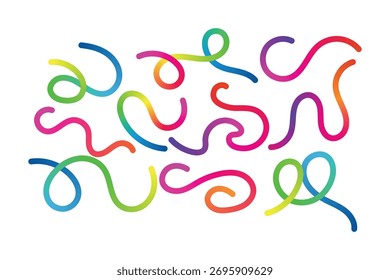 Uma coleção vibrante de linhas e curvas coloridas, abstratas e onduladas em um fundo branco, criando um padrão divertido e energético.