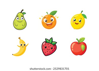 A vibrant collection of colorful, cartoon-style fruit illustrations presented in vector format