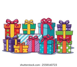 A vibrant collection of colorful gift boxes wrapped with ribbons and bows, featuring various shapes, sizes, and decorative patterns such as polka dots and stripes. Perfect for festive, birthday, or ho