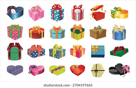 A vibrant collection of colorful gift boxes decorated with ribbons, bows, and festive packaging designs—perfect for celebrations, holidays, birthdays, and creative illustrations.
