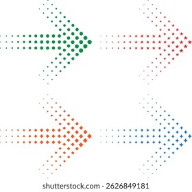 A vibrant collection of colorful halftone arrows in various shapes and hues, featuring dotted and star patterns on a white or transparent background. Eye-catching directional halftone icons